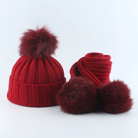 Детская зимняя шапка и шарф для девочек и мальчиков, детские вязаные шапки с натуральным лисьим мехом и помпоном, детская шапка с помпонами из 3 предметов - Цвет: burgundy hat scarf
