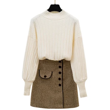 

New Winter Knitting Sweater Base Classic Half A Turtleneck Cloth Bust A Word Skirt Suit Women 2 Pcs Clothing Set Outfit Knitwear