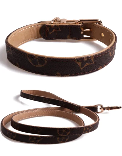 Wholesale Dog Collar Leash Classical 10pcs/lot Brown Flower Simple Designer Pet Collar Lead PU Leather Quality Buckle