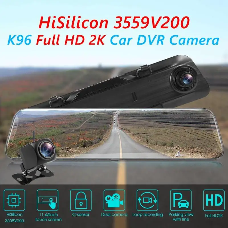 K96 Full HD 2K Автомобильный видеорегистратор Камера с двумя объективами 11,66 дюймов зеркало заднего вида цифровой видеорегистратор регистратор видеокамера
