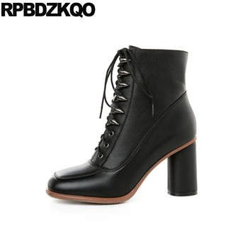 

block booties 2019 square toe front lace up casual ankle boots autumn brand 11 chunky women shoes plus size big high heel 10 fur