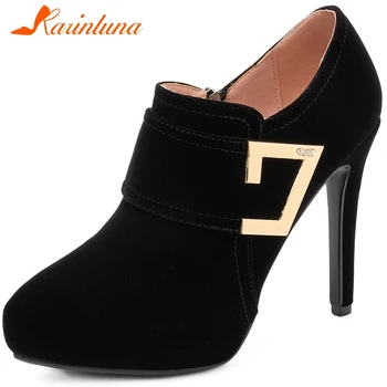 

Karinluna New Fashion 2020 Metal Decoration Shoes Woman Pumps Female Flock Platform Thin High Heels Zip Up Pumps Women Shoes