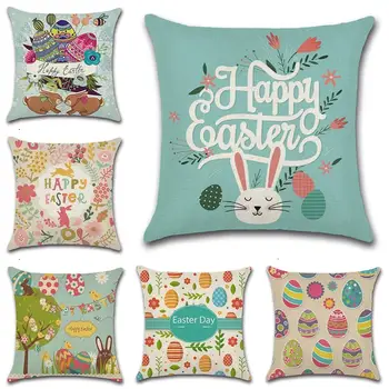 

Easter Linen Pillowcase Cartoon Happy Rabbit Egg Home Decoration Cushion Cover Sofa Living Room Pillowcase