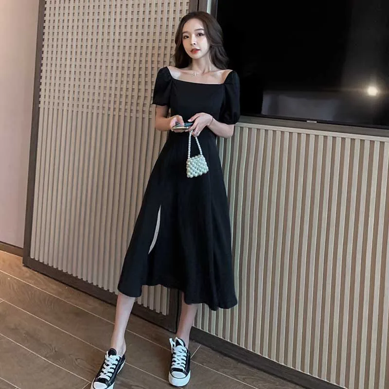 One-Piece Dress 2020 Summer New Fashion For Female Square Collar Puff Sleeve Dress Ladies Korean Party Holiday Elegant Dresses