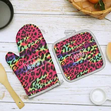 2 шт Прихватки для духовки с изоляционным ковриком леопардовая серия Перчатки для микроволновой печи анти-обжигающий набор