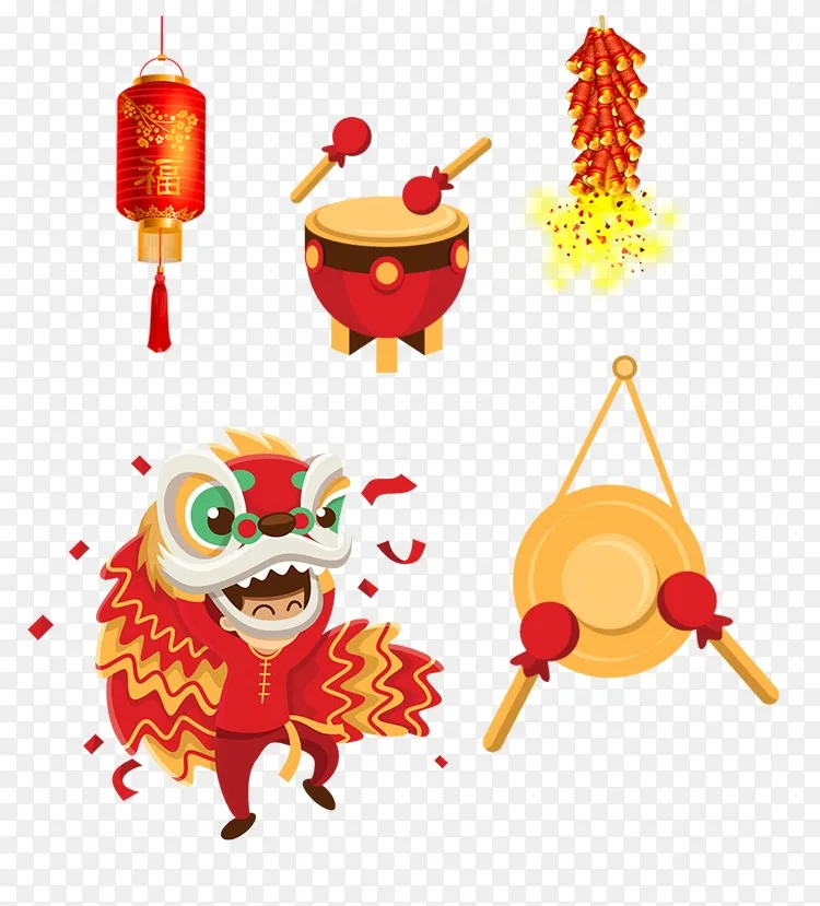 舞狮新年剪贴画-灯笼敲击鼓和鞭炮png图片素材免费下载_图片编号