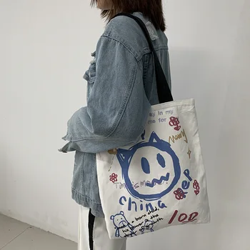 

Women Canvas Eco Reusable Shopping Bags little devil Tote Bags Casual Cloth Shoulder Shopper Bag for Girls Handbags 2020