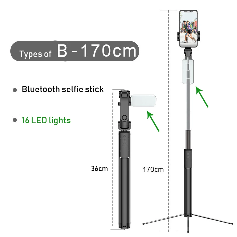 YUNAO, Bluetooth, селфи-палка, штатив для телефона, светодиодный, красивый светильник, длина 170 см, палка для селфи, bluetooth, палка для разделения, пульт дистанционного управления - Цвет: B-12 LED lights