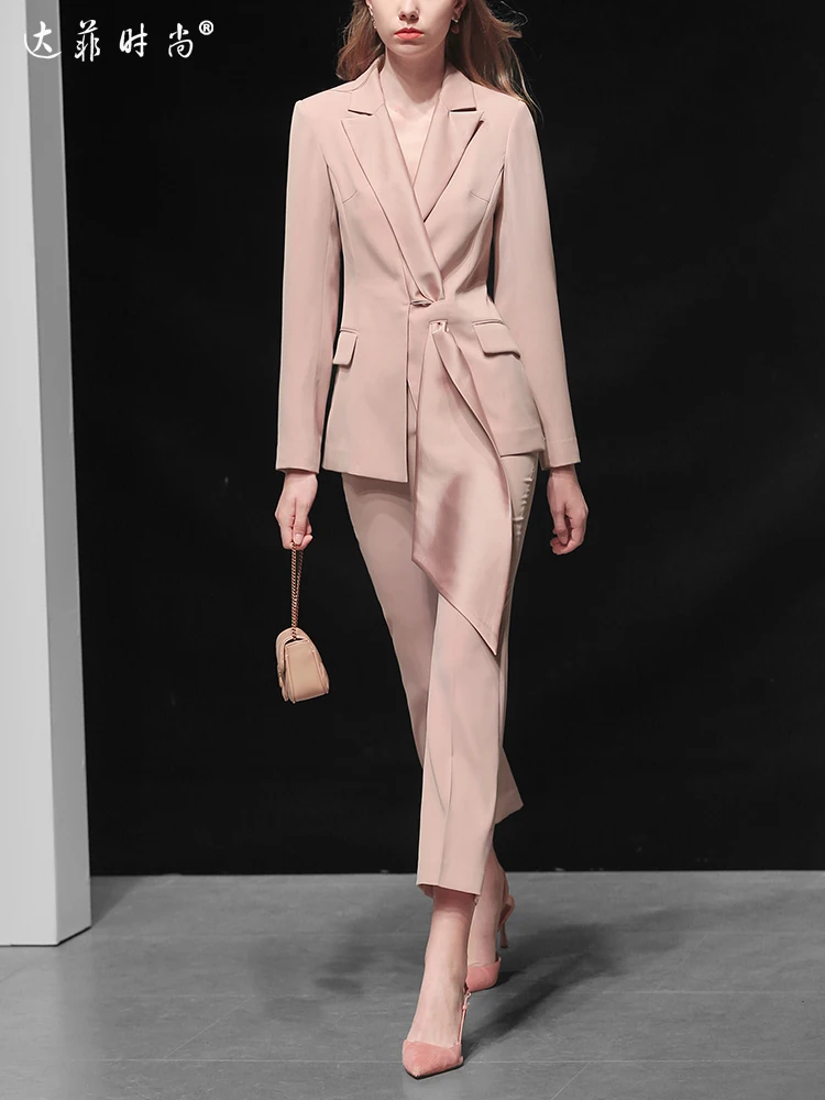Women Elegant Suit Long Sleeve Turn Down Collar Blazer+Nine Pants Pink Set Office Lady Autumn New Fashion High Quality