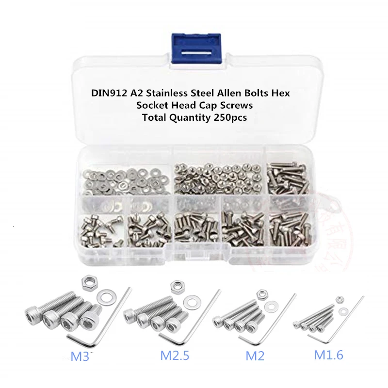 

250pcs M1.6 M2 M2.5 M3 A2 Stainless Steel DIN912 Allen Bolts Hex Socket Head Cap Screws wrench Assortment Kit
