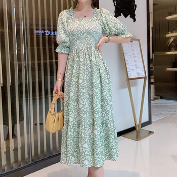

Summer Bohemian Print Short Sleeve Elasticity Elegant Temperament Slim Mid-Length Square Collar Dress Women'S Wear High Quality