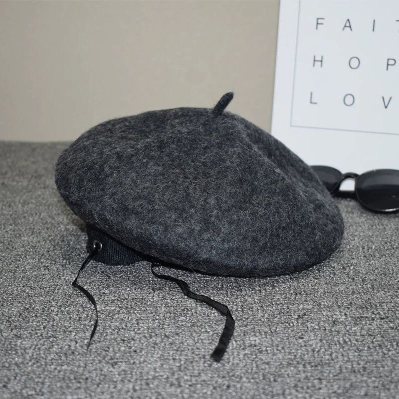 dark grey Женский берет из настоящей шерсти, осенне-зимний женский берет, элегантный однотонный Французский Берет, ярко-красный, желтый, розовый, береты для девочек - Цвет: dark grey