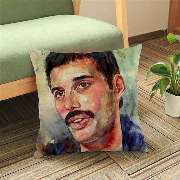 Queen Band Music Art Freddie Mercury Watercolor Vintage Portrait Cushion Cover Poster Design Decorative Sofa Throw Pillow Cover