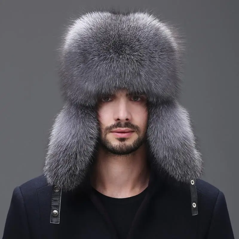 Меховая шапка мужская, зимняя лиса, меховая шапка мужская, Кожаная Шапка Lei Feng, толстый верх, защита ушей, теплая зима - Цвет: Белый