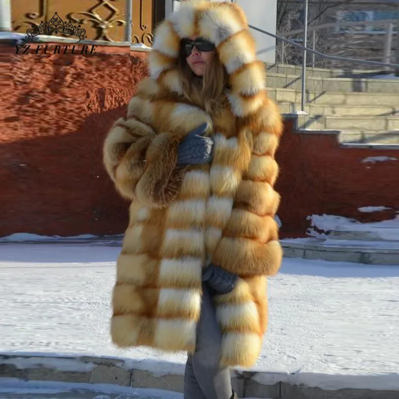 Роскошные зимние Натуральный Реальный лисий мех пальто Для женщин вся кожа натуральная обувь из кожи и меха куртка с капюшоном красный