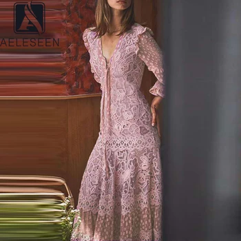 

AELESEEN Runway Fashion Lace Dress High Quality Designer Long Sleeve Ruffles Flower Embroidery V-Neck Bow Pink White Maxi Dress