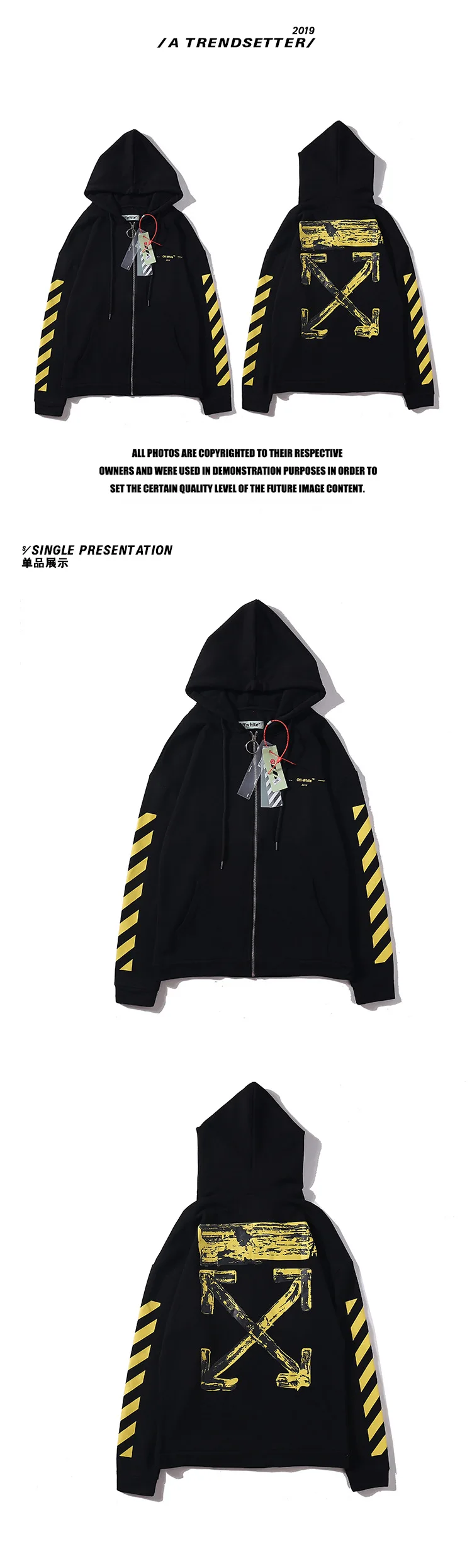 OFF-WHITE OW oil painting yellow striped arrow hooded personality men and women couple models Sweatshirt high quality