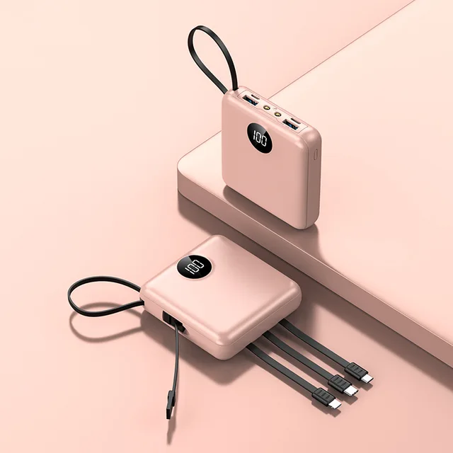 Mini Power Bank Portable Charger Digital Display 20000mAh External Battery Built in 4 Cables Powerbank Dual LED Light Powerbank Pink