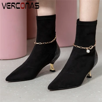 

VERCONAS Female Elegant Concise Ankle Boots For Women Autumn Winter High Heels Shoes Woman New Chain Pointed Toe Basic Boots