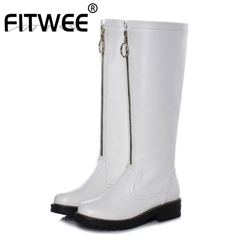 

FITWEE 2020 Women Fashion Sexy Knee High Boots Zipper Flats Boots Round Toe Office Shoes Woman Footwear Botas Size 33-43