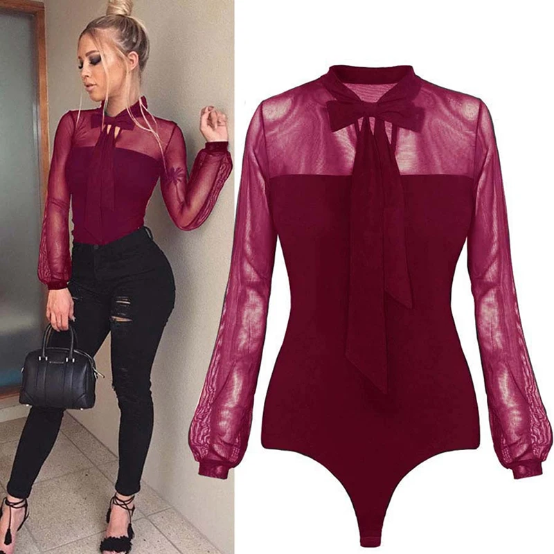 HENGSONG 2020 mujeres Bodysuit Sexy Bow negro Mock Neck Patchwork manga larga señoras encaje malla Bodysuit transparente