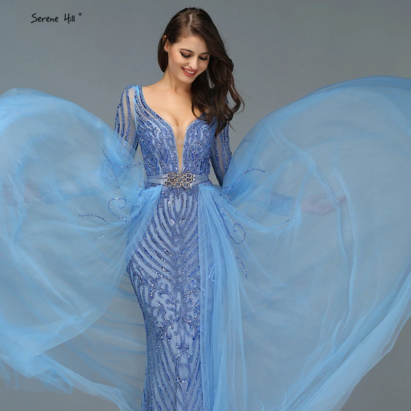 Blue Dubai Luxury Sequined Sparkle Evening Dresses Long Sleeve Beading Evening Gowns Serene Hill Plus Size LA60858