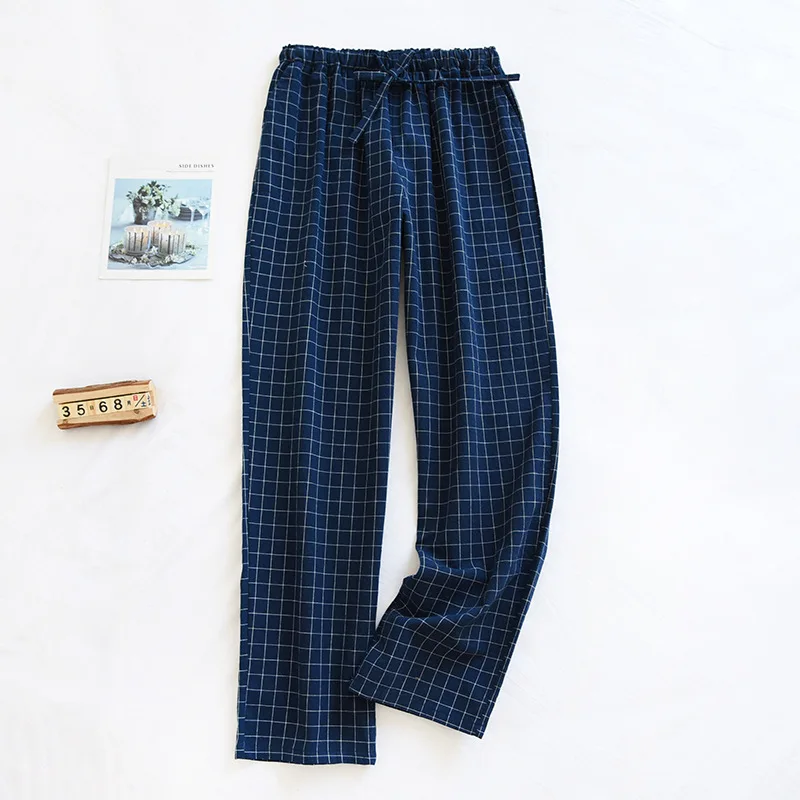 couple Washed Cotton Trousers Thin Men And Women Home Pants Elastic Waist Sleep Bottoms Plaid Lounge Pants Home Sleepwear 2021_ecoleips.com
