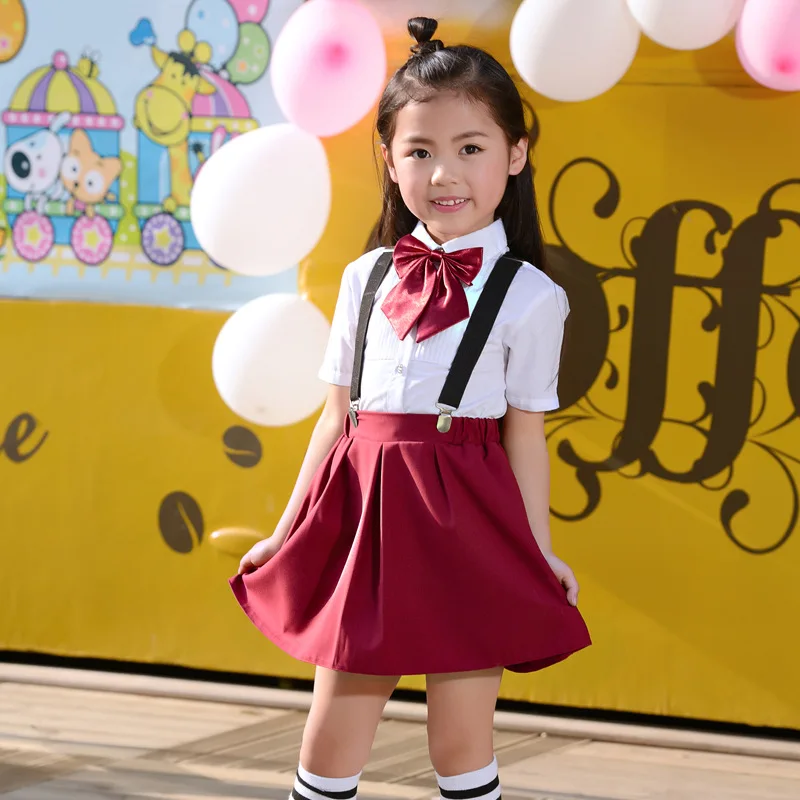 girls set Детская Хлопковая Корейская школьная форма для девочек и мальчиков, белая рубашка красная юбка и шорты, комплект одежды с галстуком Студенческие костюмы, костюм - Цвет: girls set