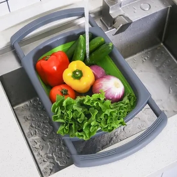 

Fruit Vegetable Washing Drain Basket Collapsible Kitchen Drain Device Folding Colander Useful Strainer with Retractable Handles