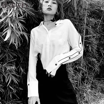 

White Rotator Sleeves Bright Line Button Long Sleeves Woman Chiffon Shirt Casual Simple Fashion 2019 Autumn New S517