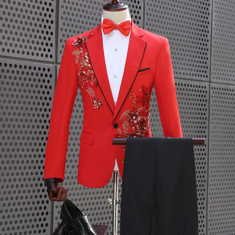 

C 2020 male singer host embroidery suit suit stage Red marshal chorus performance studio dress Two pieces of