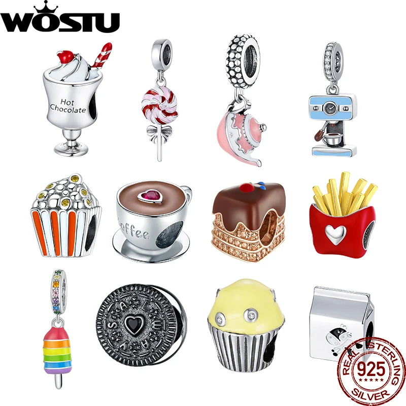 WOSTU Mike Coffee Cup Chocolate Food Cake Bracelet Fit DIY Charms 925 Sterling Original Pendant Bead For Women Fine Jewelry | Украшения и