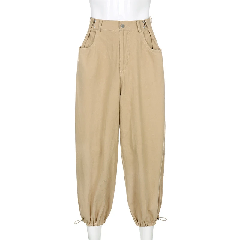 ALLNeon Y2K Fashion Khaki Oversized Cargo Pants Hip Hop Style Loosed Adjustable Waist Drawstring Long Pant Streetwear 90s Autumn