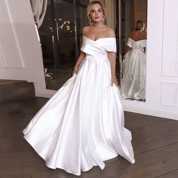 

Simple Boat Neckline A-line Wedding Dress White Ivory Champagne Satin Elegant Princess Wedding Gown Robe de Mariee