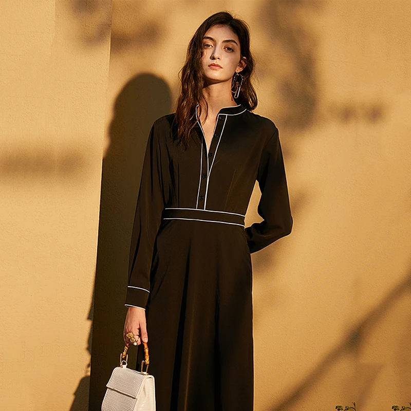 [EAM] Women Black Vent Long Temperament Dress New