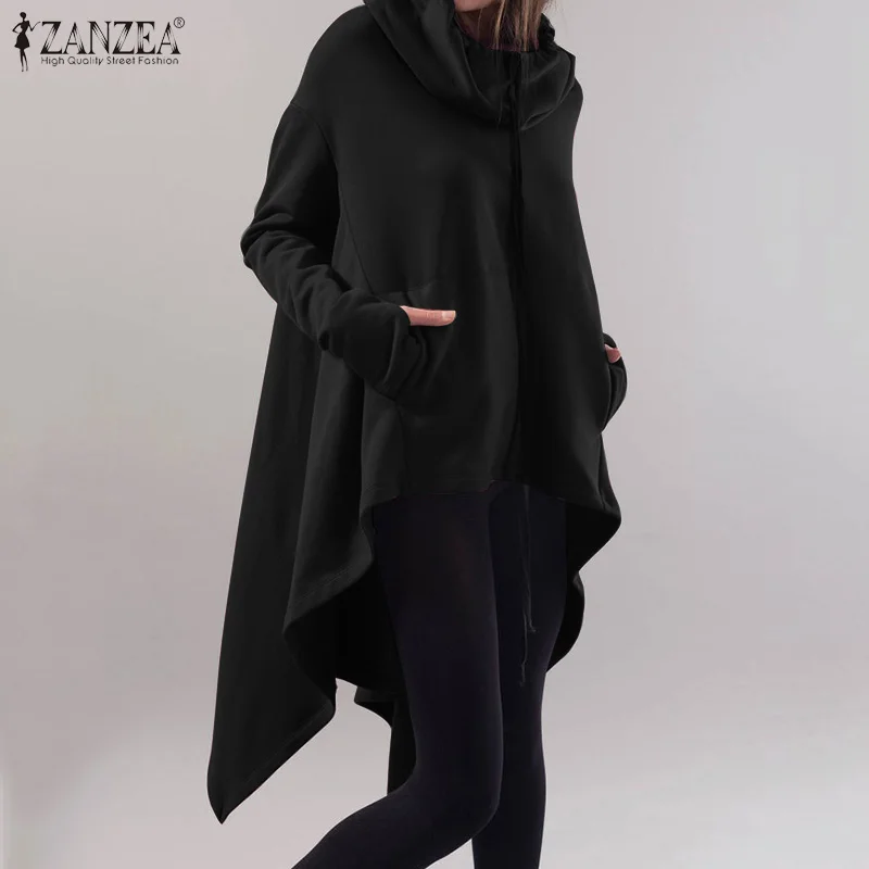ZANZEA, женские толстовки с капюшоном, женские толстовки с длинным рукавом, Повседневная Толстовка, женские ассиметричные пуловеры с подолом на молнии, 5XL