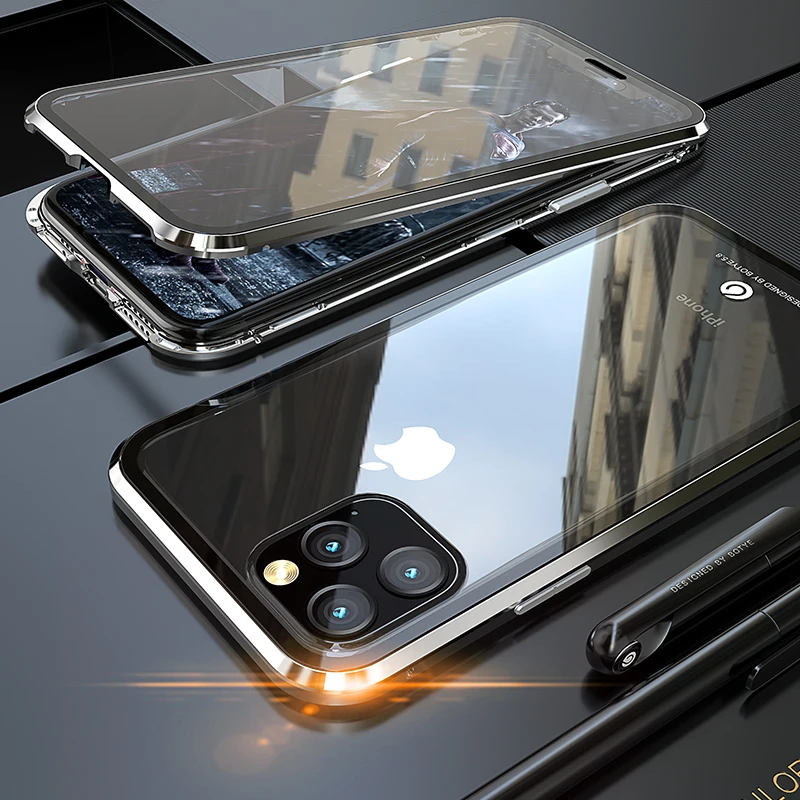 Magnetic Case Full Protect For iphone 11Pro Max Luxury Armor Shockproof Metal Frame Clear Tempered Glass Cover For iphone11 Pro - Цвет: silver
