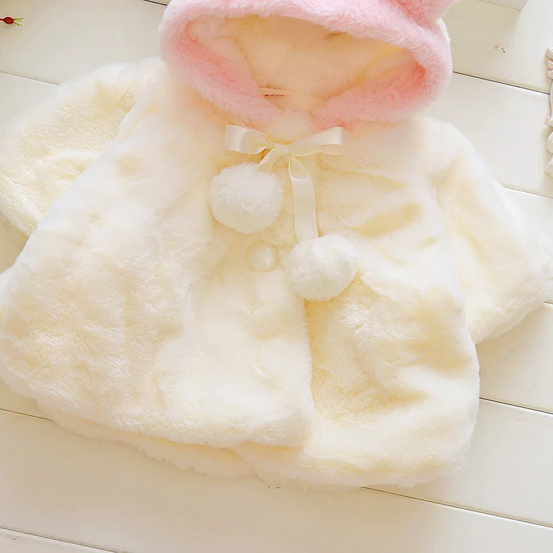 Зимнее теплое меховое пальто с заячьими ушками для новорожденных девочек, куртка-плащ, зимний комбинезон, верхняя одежда, повседневная одежда с капюшоном для маленьких девочек
