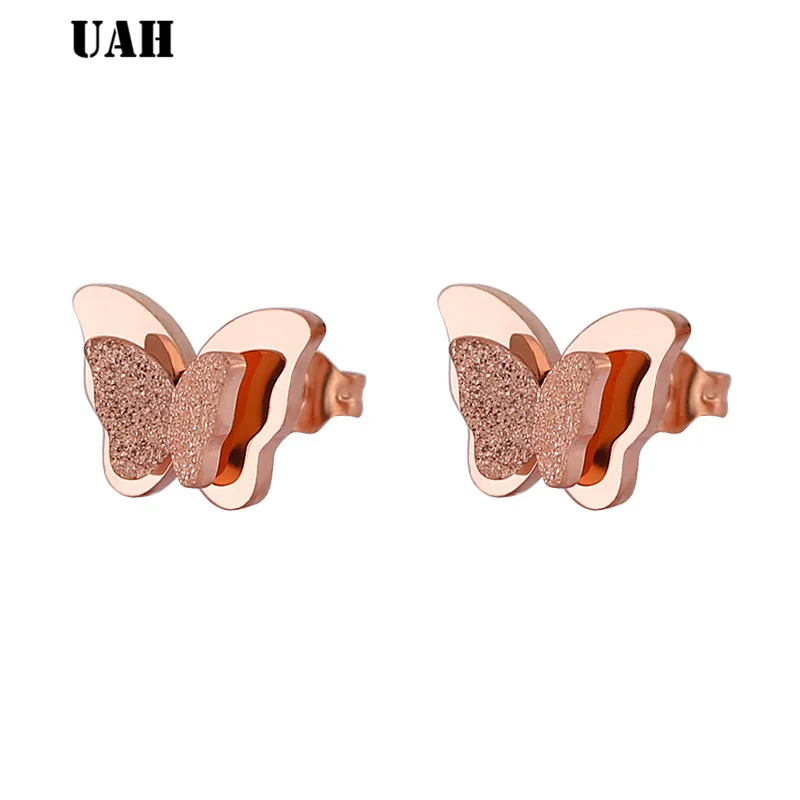 

UAH Romantic Double Butterfly Earrings for Women Tiny Smooth and Scrub Butterfly Stainless Steel Cartoon Stud Earrings Gifts