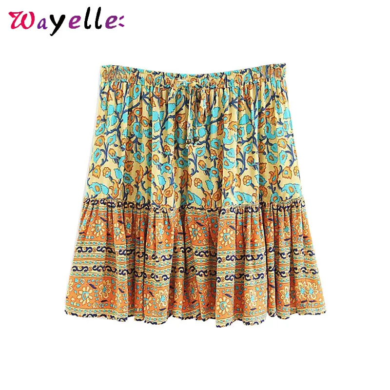 

Boho Mini Skirt Women 2019 Summer Elastic Waist Beach Tweed Skirt Printed Drawstring Vintage Floral Print Skirts Womens