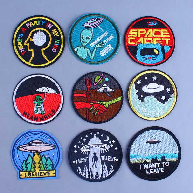 

UFO Alien Embroidery Patches For Clothing Round Badge Patches Star War I WANT TO LEAVE Appliques On Clothes Stripes Stickers DIY