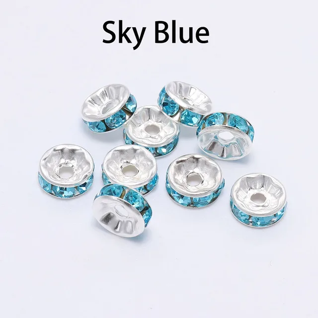 50pcs/lot 4 6 8 10mm Gold  Rhinestone Rondelles Crystal Bead Loose Spacer Beads for DIY Jewelry Making Accessories Supplie Sky BLue