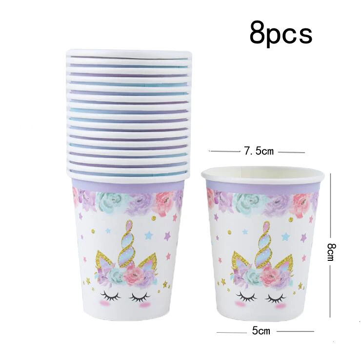 Одноразовый набор салфеток для вечеринки, бумажные тарелки, бумажный стаканчик, тематический набор посуды с единорогом, вечерние принадлежности для детей - Color: 8pcs purple cup