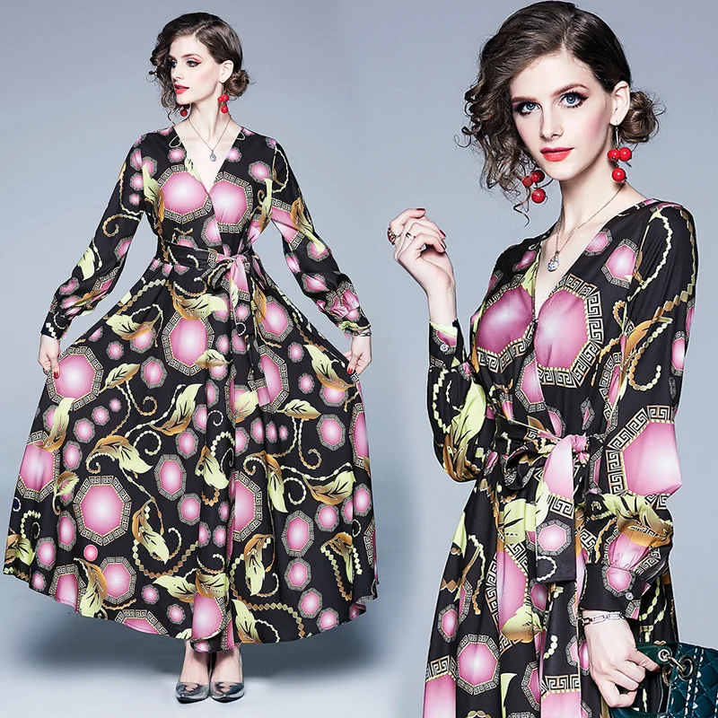 

European and American women's big temperament print waist belt large swing dress