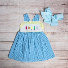 Ropa de verano para niñas, vestidos con estampado bordado de cinco polos, tirantes de celosía azul