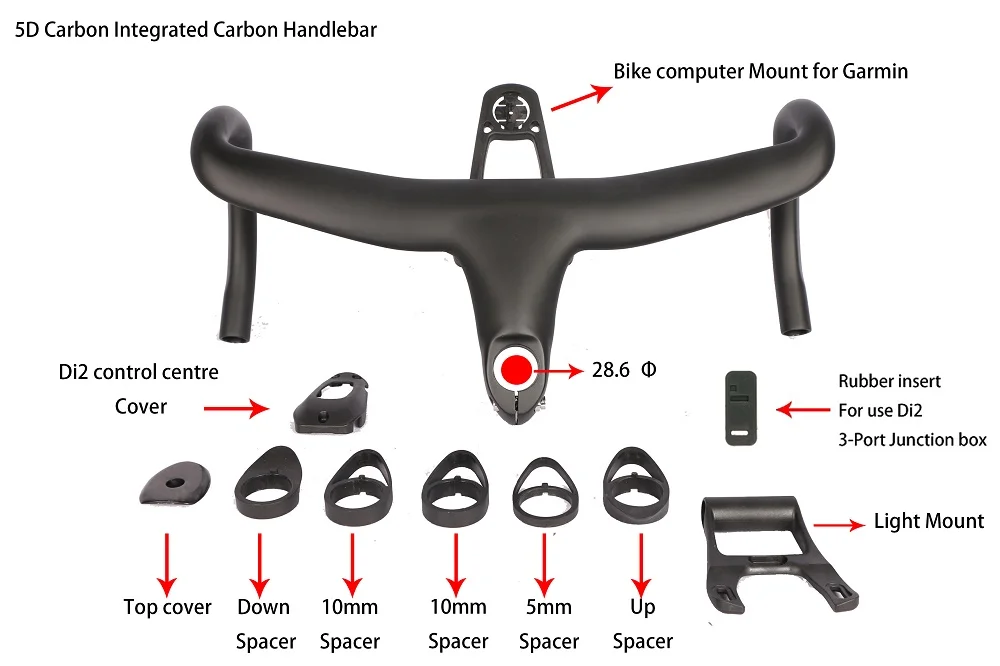 5D полностью углеродный руль для шоссейного велосипеда, интегрированный откидывающийся Руль 28,6 мм UD с креплением для велосипедного компьютера, Специальное крепление-светильник