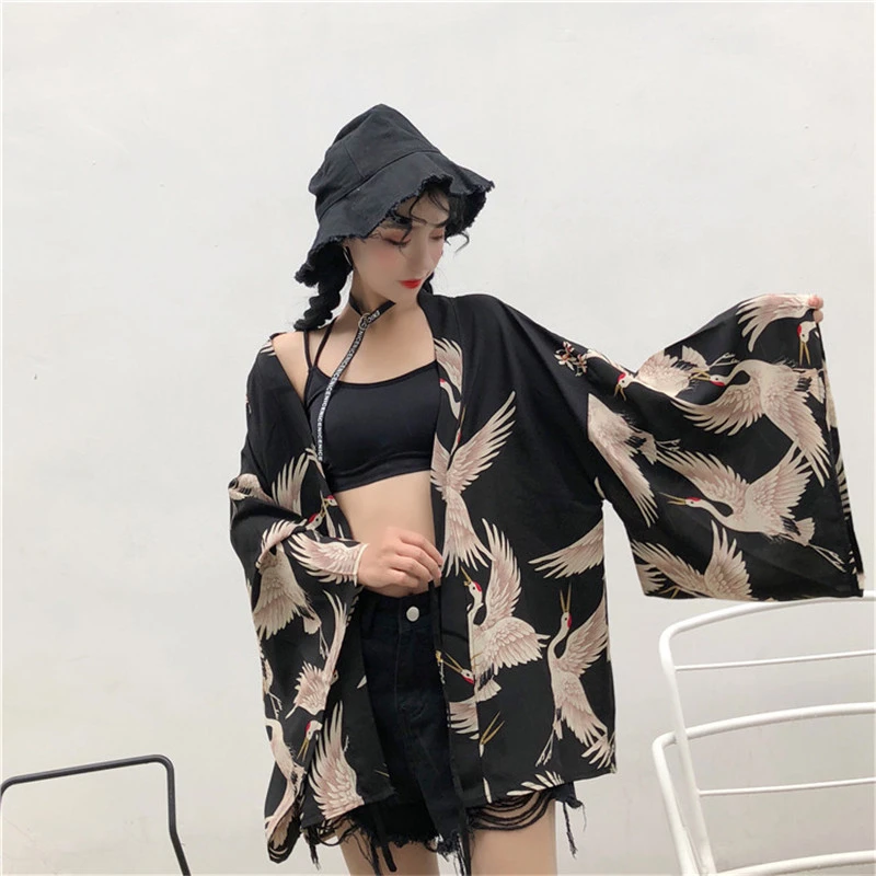 Японское кимоно Haori Yukata рубашка Женский солнцезащитный модульный кардиган кран принт Ретро традиционный шикарный пляжный костюм летняя мода