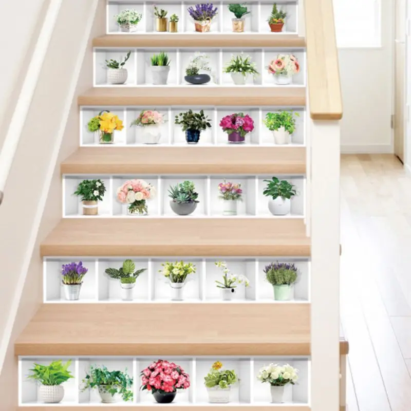

6pcs/set 3D Potted Plant Staircase Stair Riser Floor Sticker Self Adhesive DIY Stairway Waterproof PVC Wall Decal