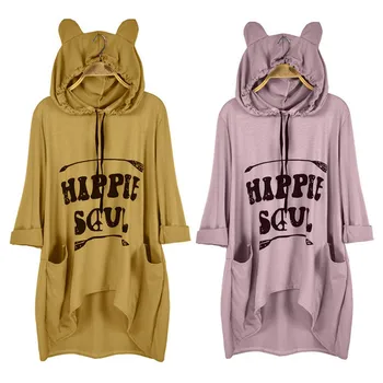 

Women Hooded Sweatshirt Plus Size Long Letter Printe Sweet Girl Autumn Winter Tops Student Long Pullover Bear Ear Hoodies