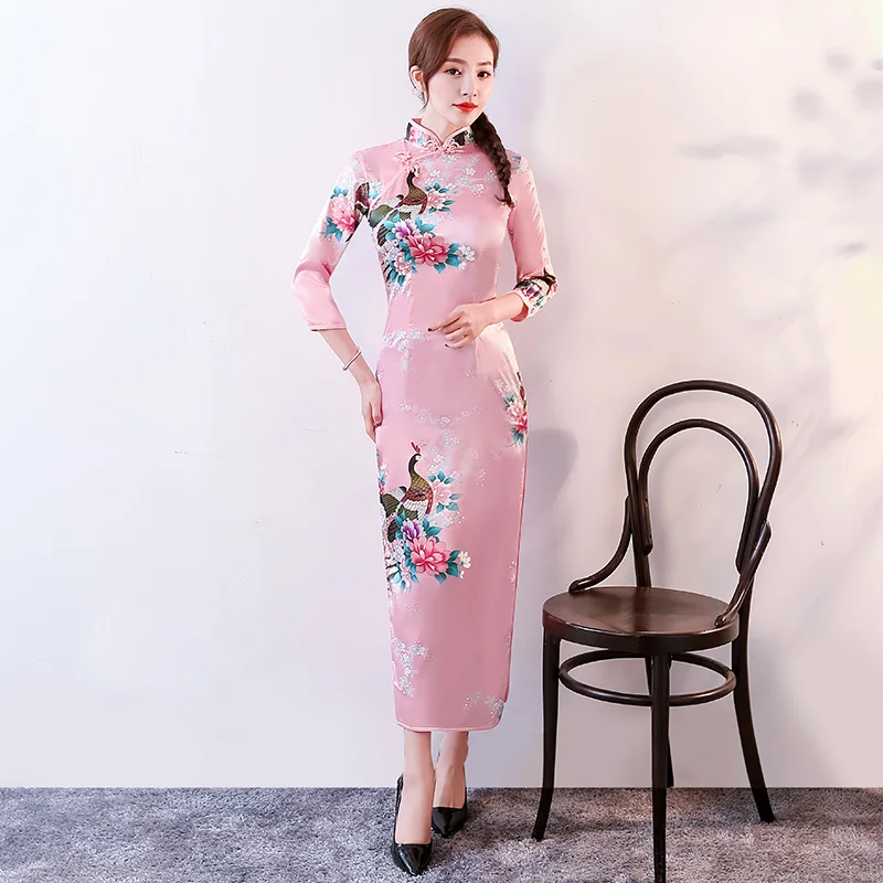 Черное Красное китайское традиционное платье женское шелковое атласное cheongsam винтажное Ципао с коротким рукавом длинное платье с цветами плюс - Цвет: color3